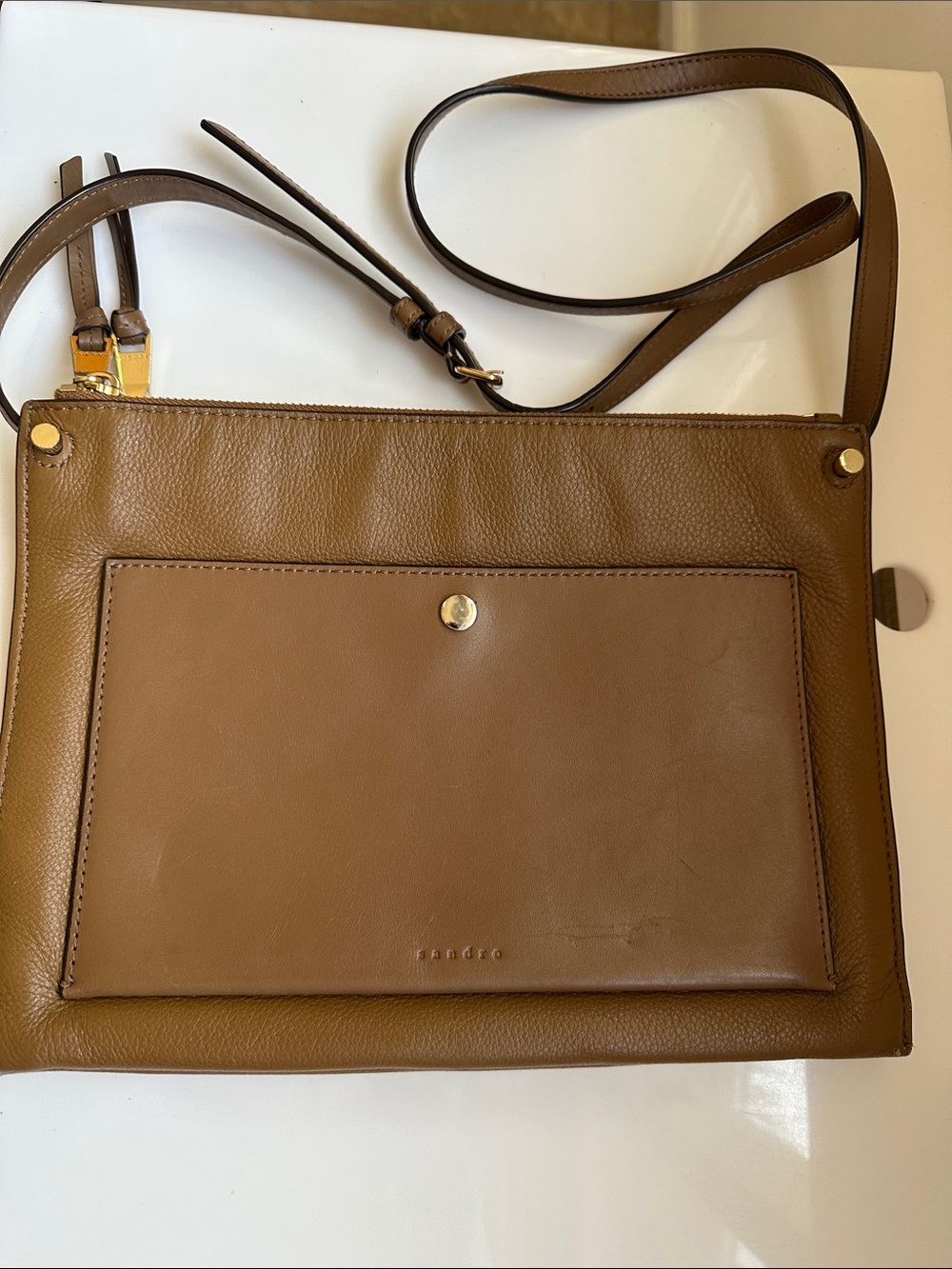 Sandro Cognac Brown Leather Shoulder Bag with Gold Hardware